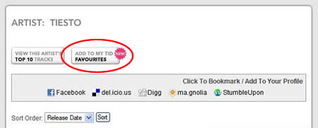 Location of 'Add To Favourites' icon on an artist page